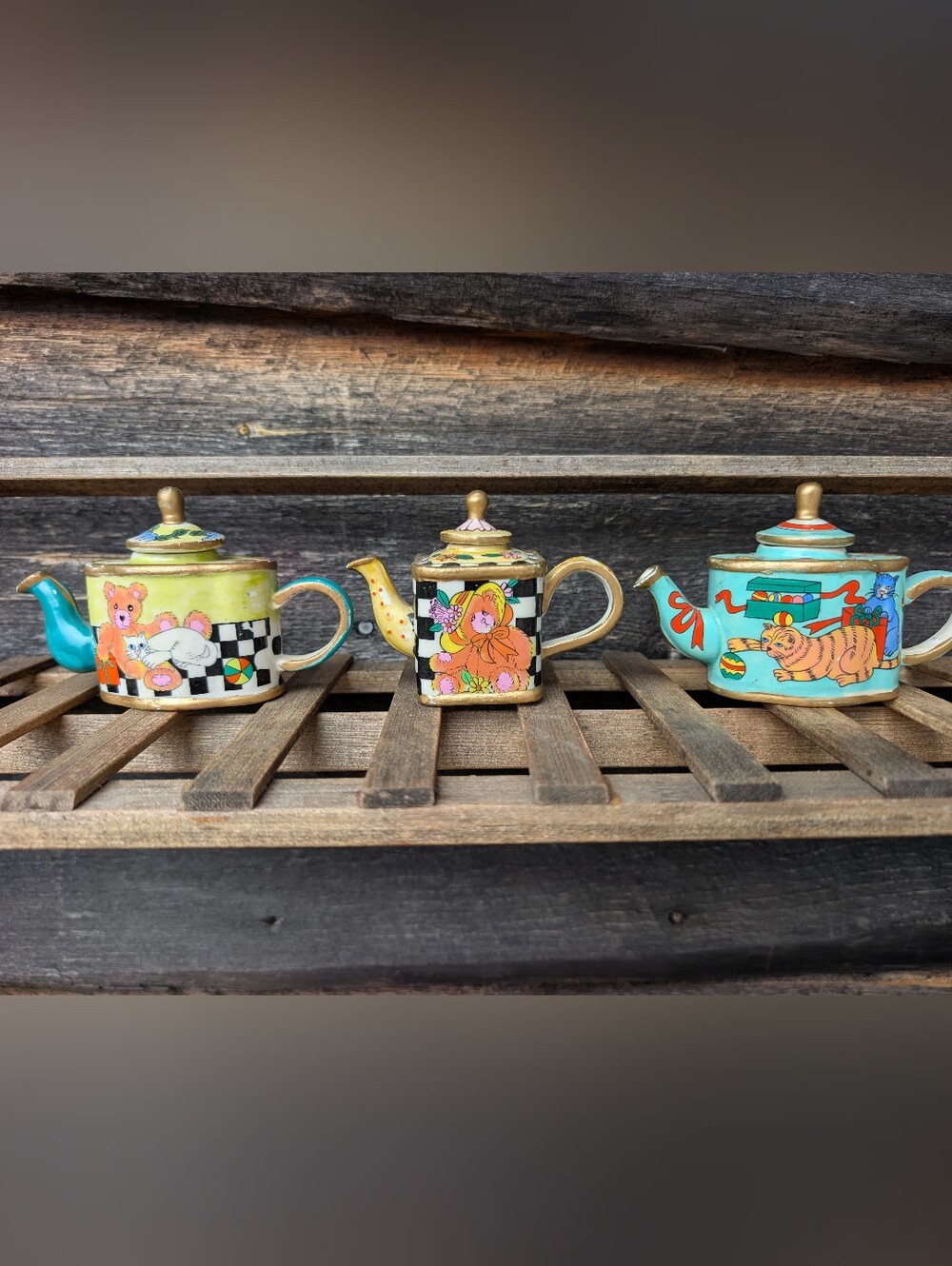 Vintage Kelvin Chen Empress Arts Miniature Enamel Teapot Lot 3 Rare Cat Bear